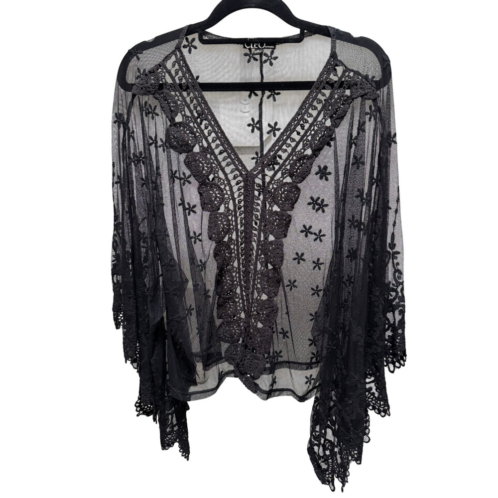 Cleo Apparel Kimono Womens Large Black Mesh Floral Lace Crochet Boho Sheer Top